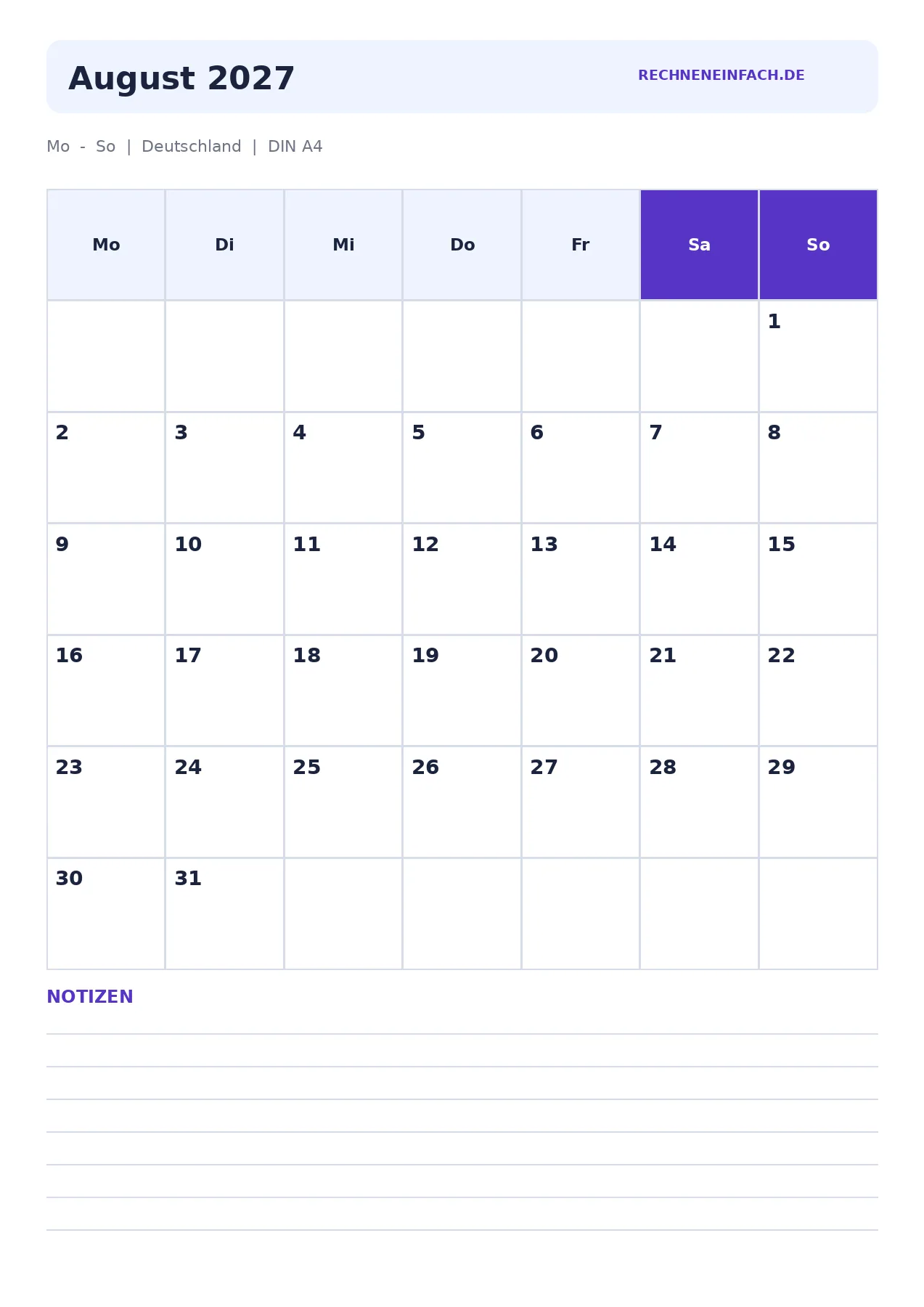 Kalender August 2027 Hochformat mit Notizen