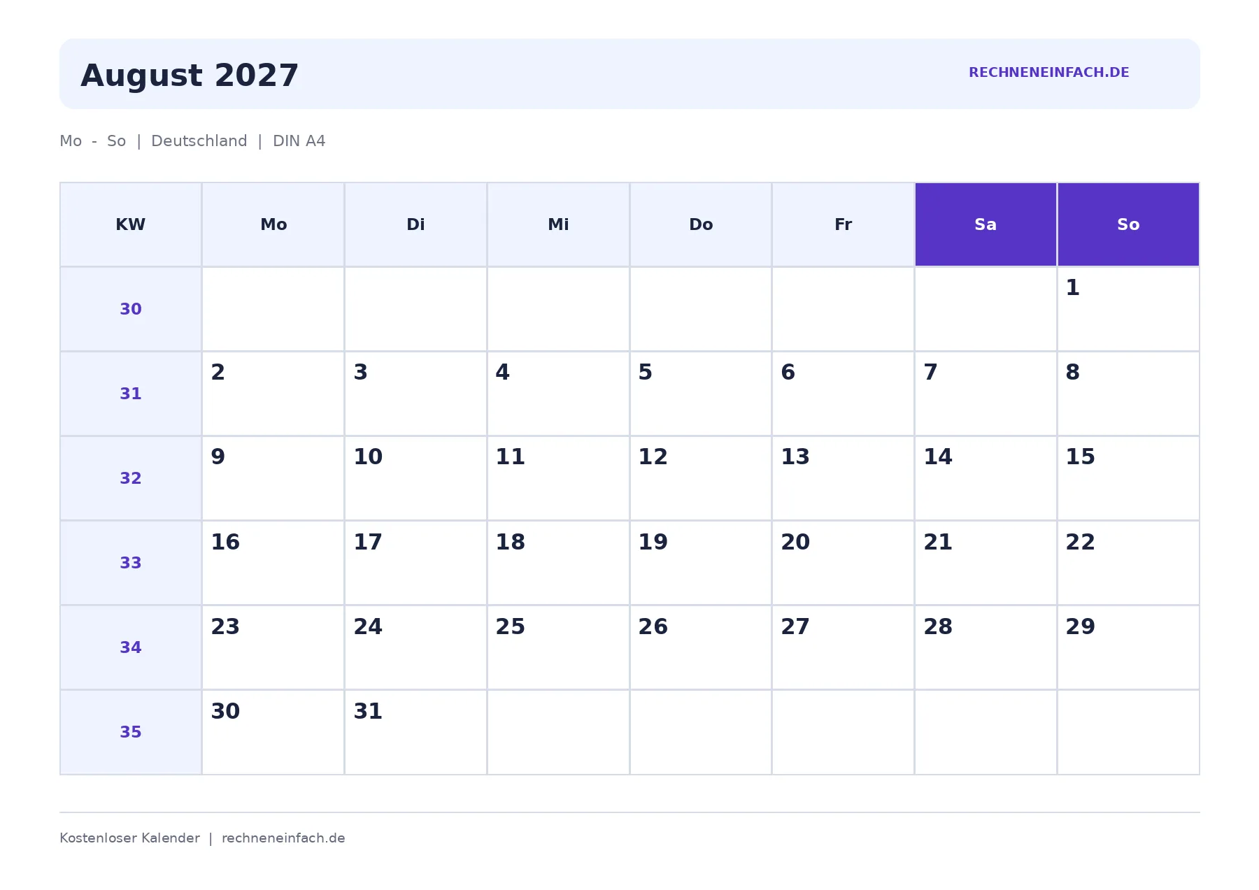 Kalender August 2027 Mit Kalenderwochen