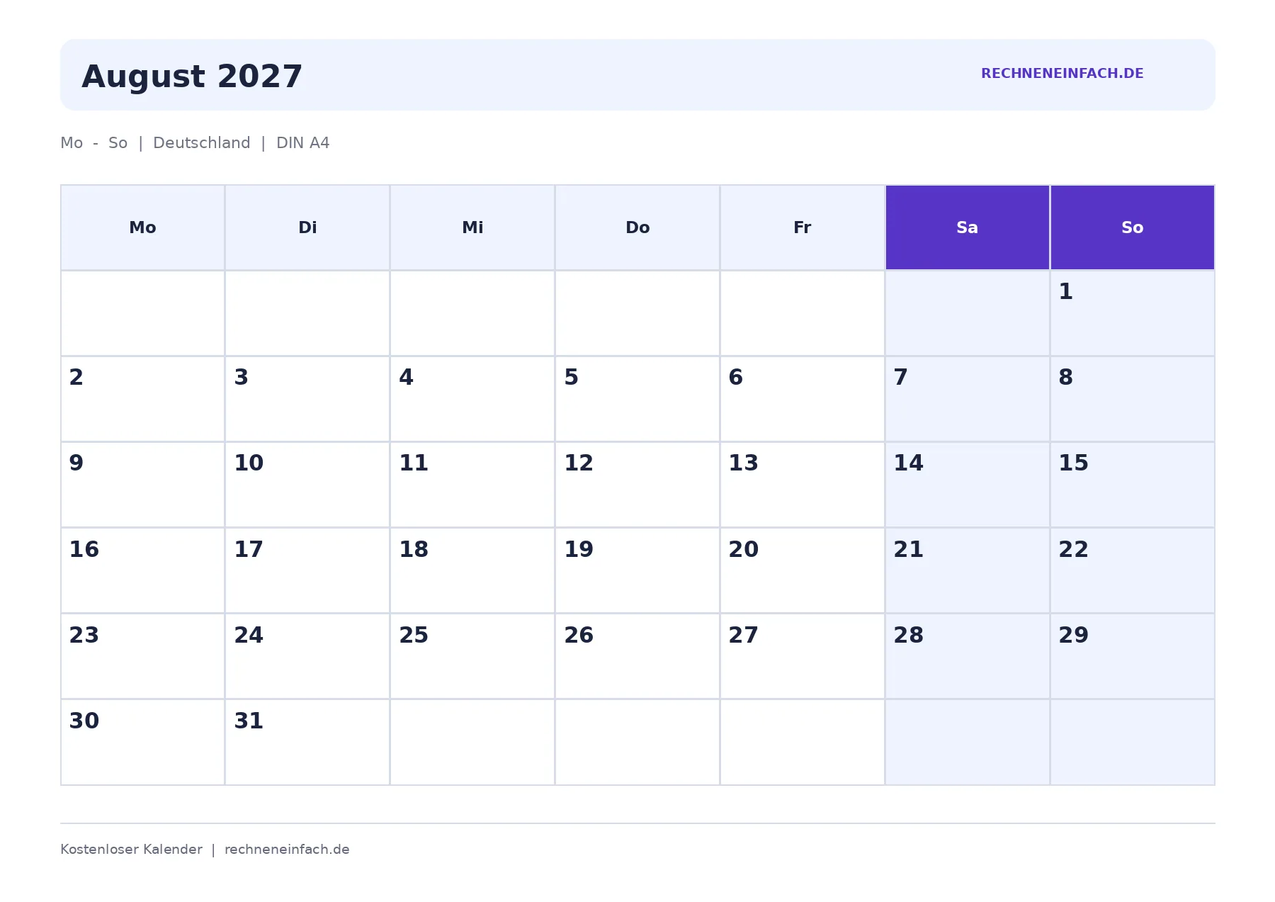 Kalender August 2027 Wochenenden markiert