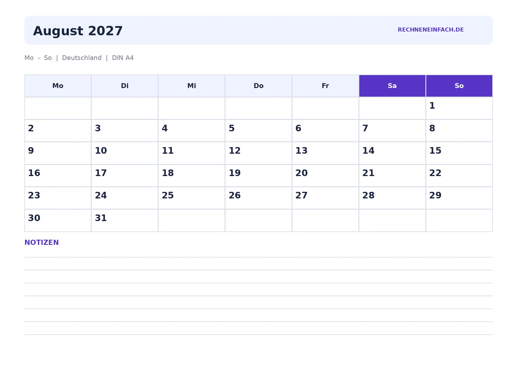 Kalender August 2027 Querformat mit Notizen