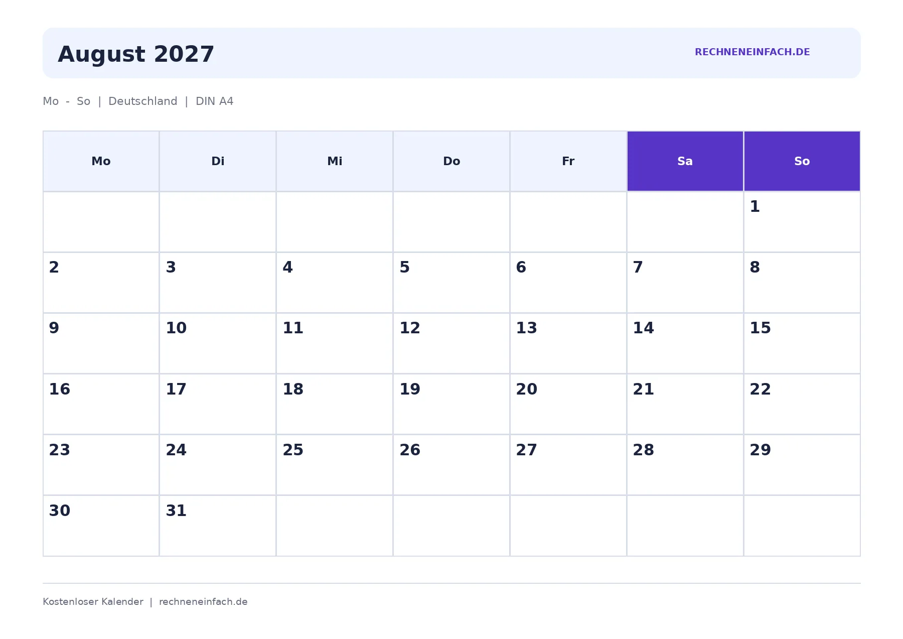 Kalender August 2027 zum Ausdrucken: PDF und WEBP gratis 1 Kalender August 2027, Kalender zum Ausdrucken
