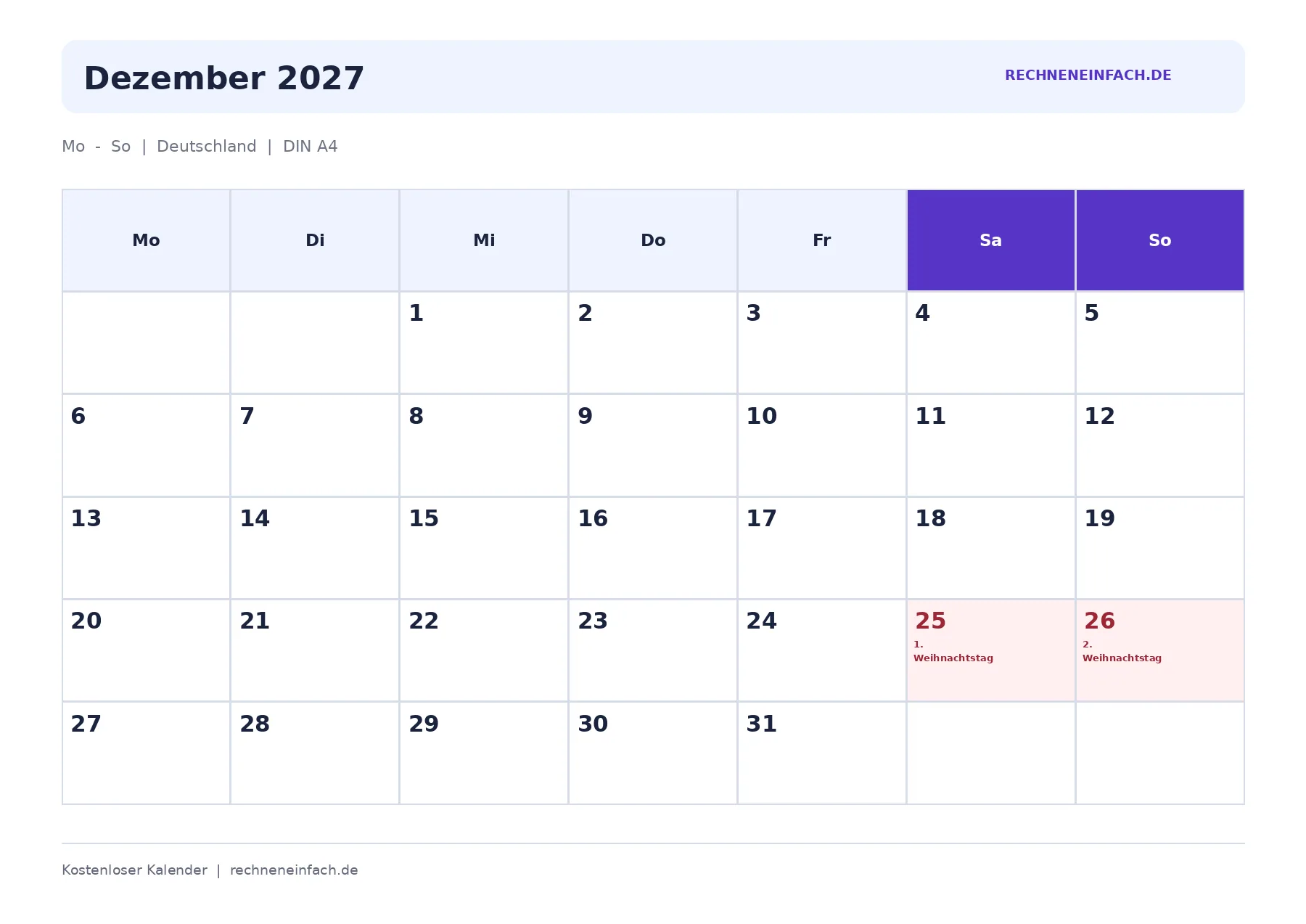 Kalender Dezember 2027 Mit Feiertagen