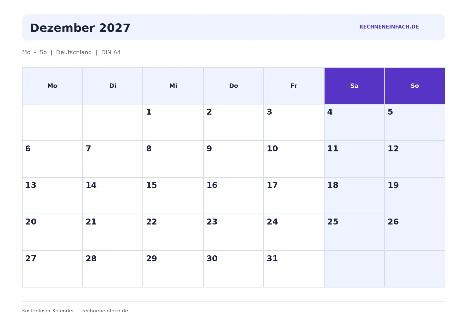Kalender Dezember 2027 Wochenenden markiert