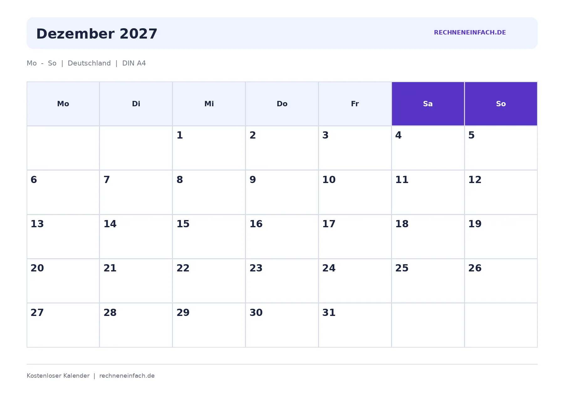 Kalender Dezember 2027 zum Ausdrucken: PDF und WEBP gratis 1 Kalender Dezember 2027, Kalender zum Ausdrucken