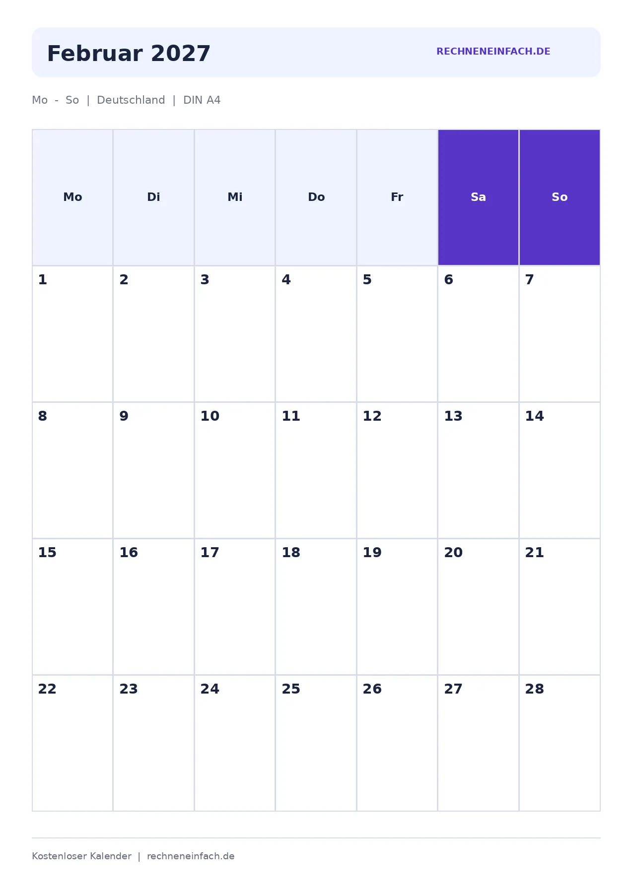 Kalender Februar 2027 Hochformat
