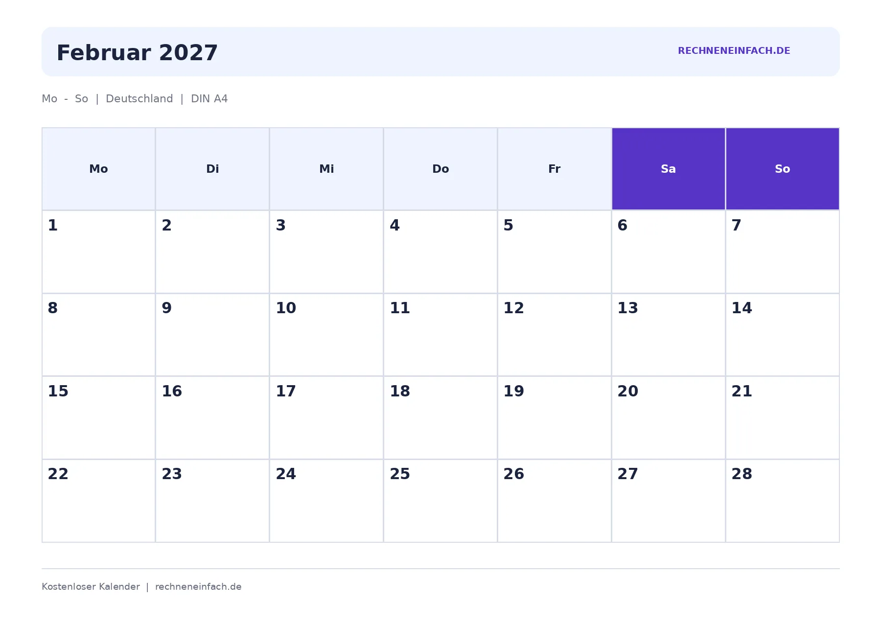 Kalender Februar 2027 Mit Feiertagen