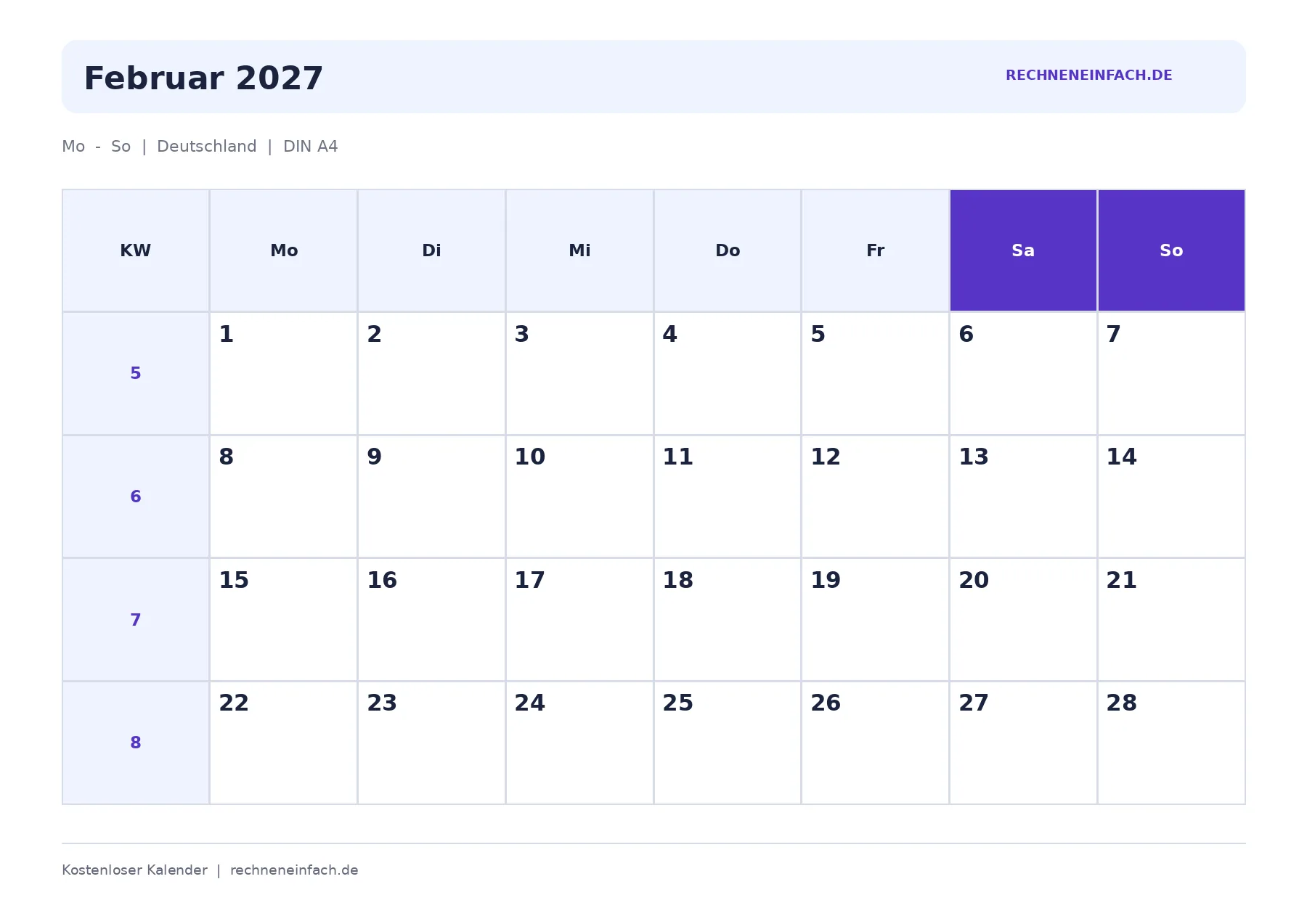 Kalender Februar 2027 Mit Kalenderwochen