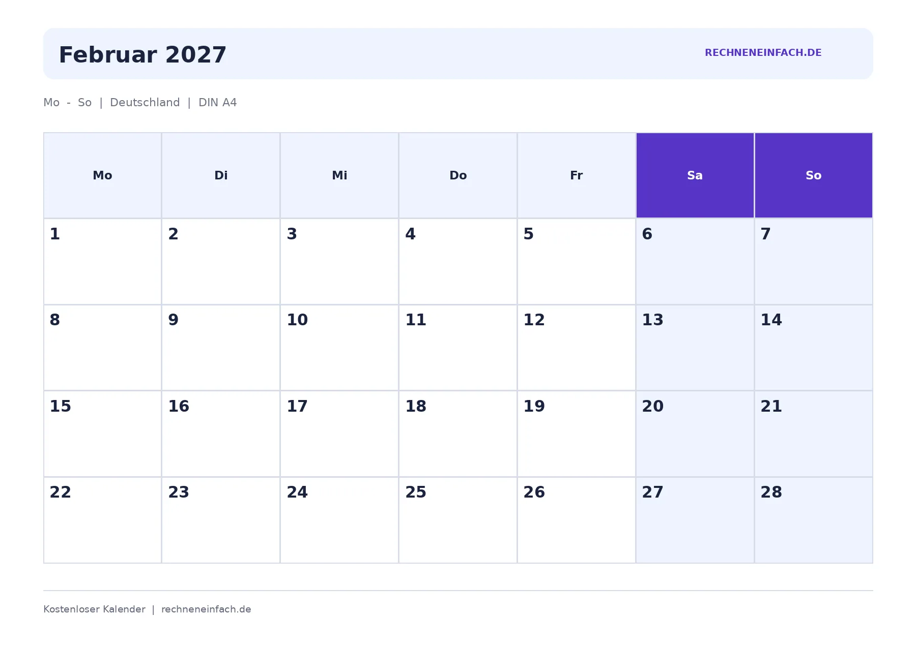 Kalender Februar 2027 Wochenenden markiert