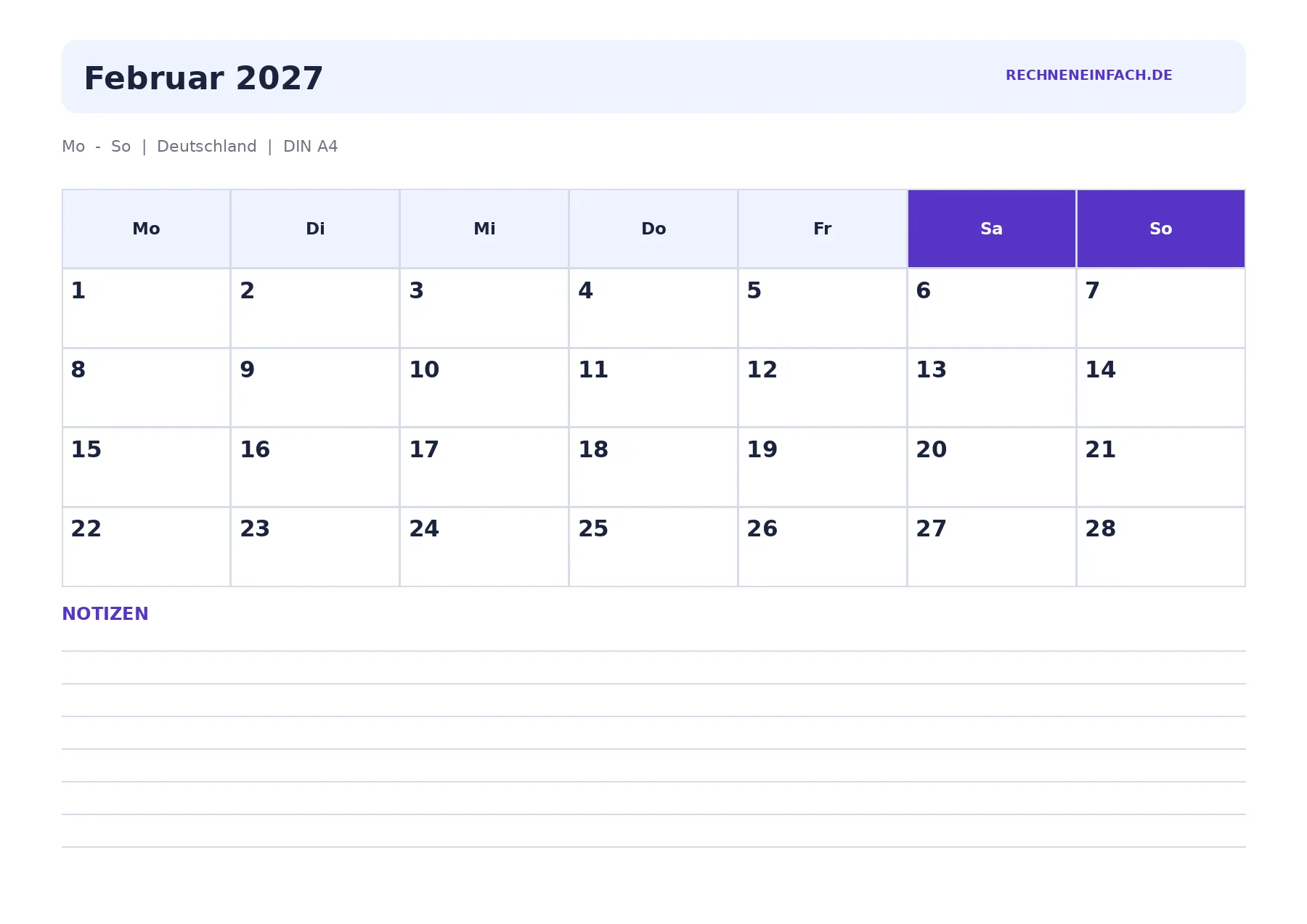 Kalender Februar 2027 Querformat mit Notizen