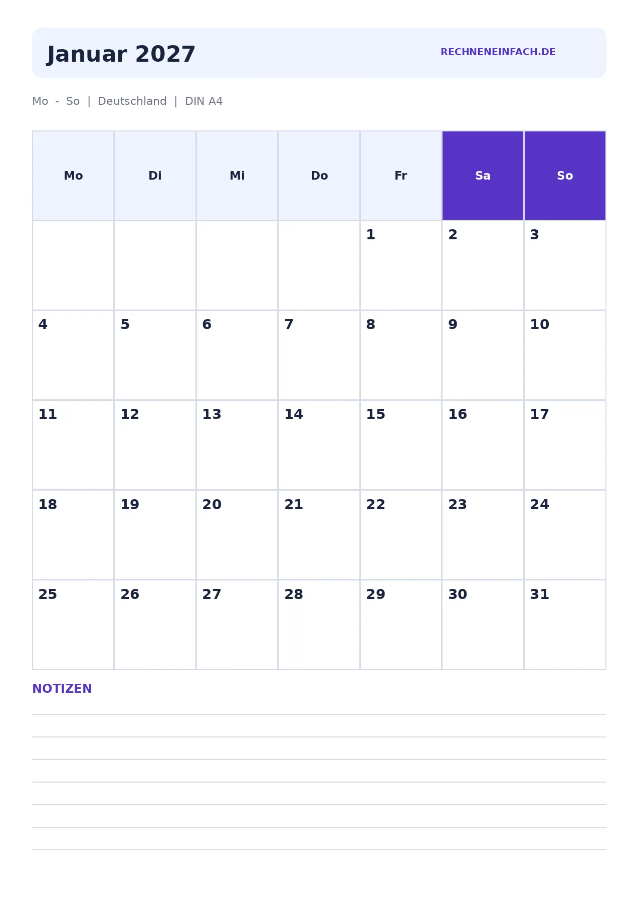Kalender Januar 2027 Hochformat mit Notizen