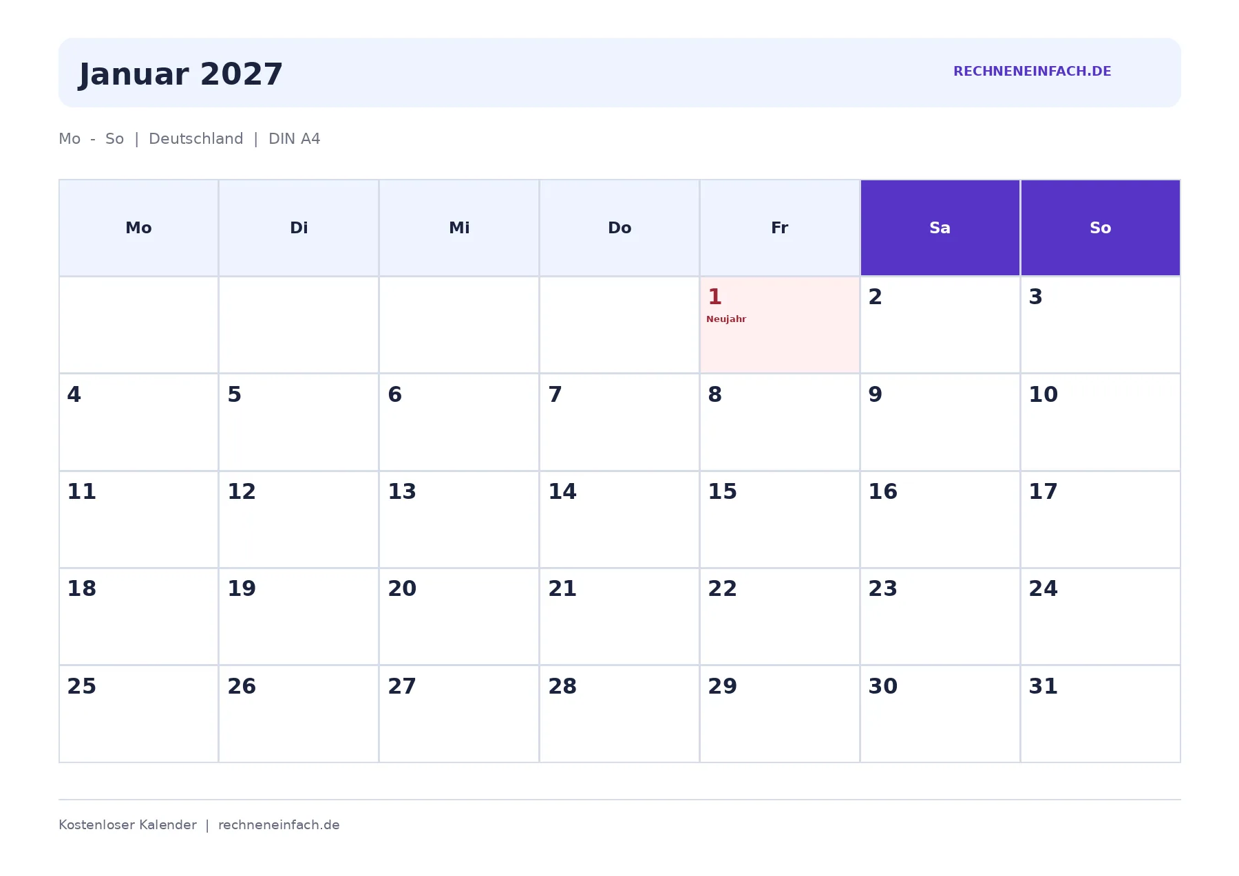 Kalender Januar 2027 Mit Feiertagen