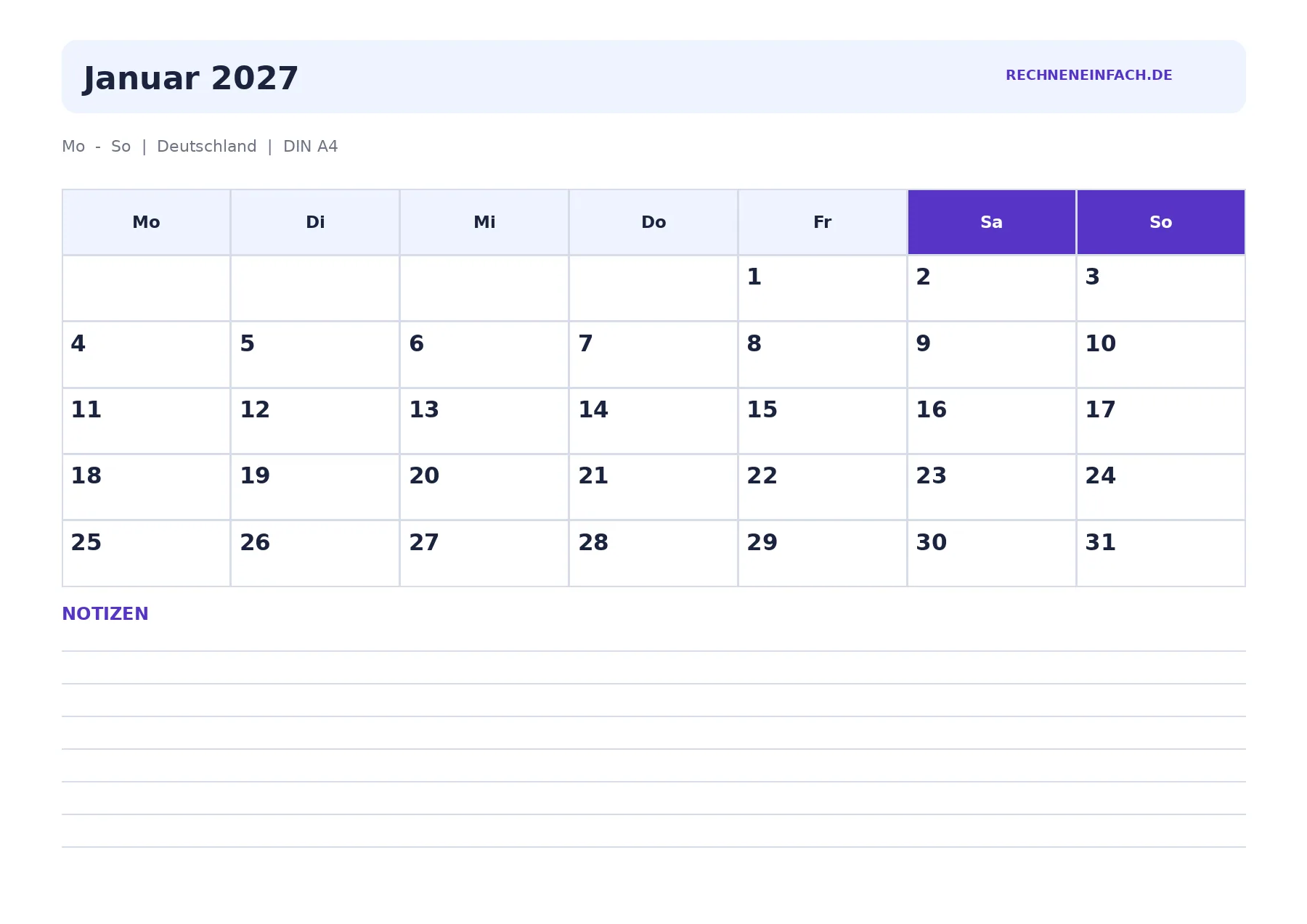 Kalender Januar 2027 Querformat mit Notizen