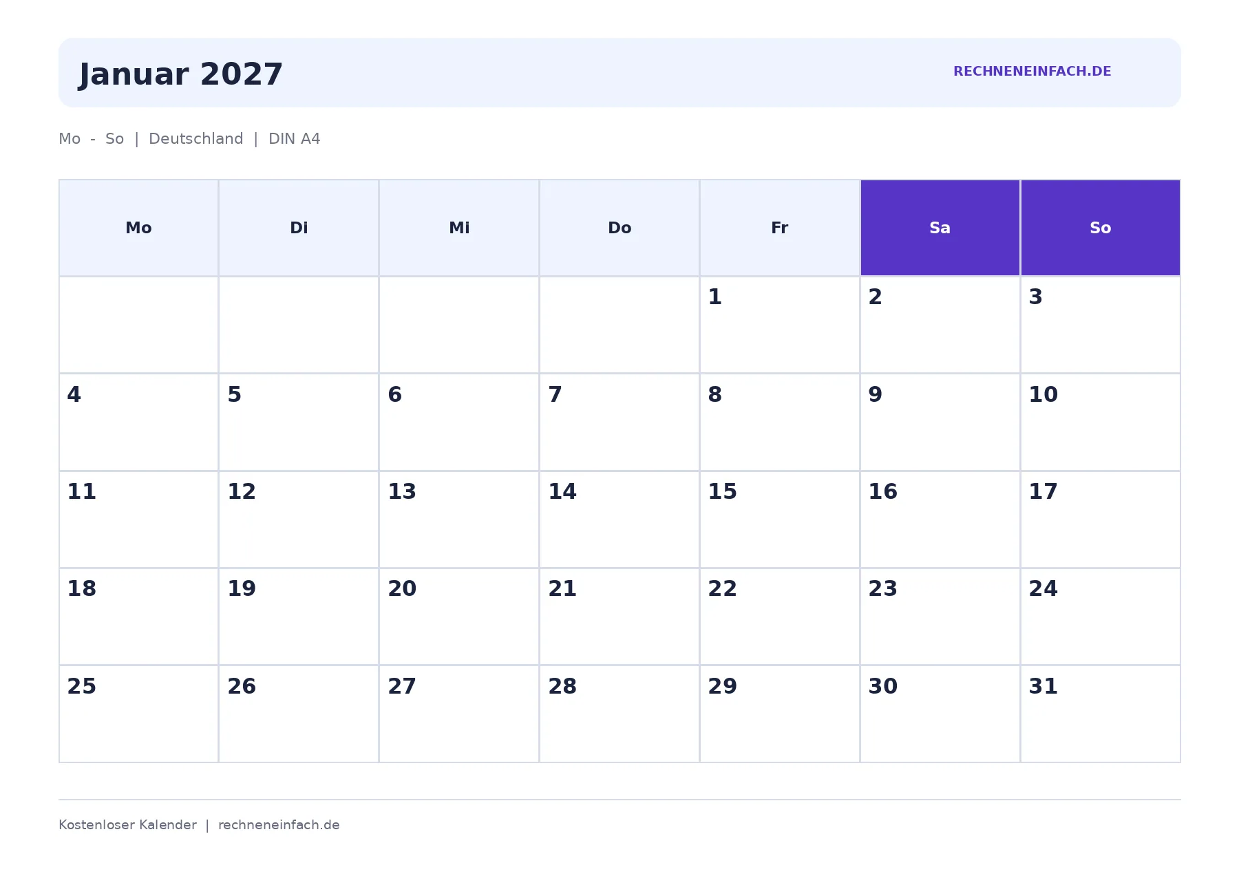 Kalender Januar 2027 zum Ausdrucken: PDF und WEBP gratis 1 Kalender Januar 2027, Kalender zum Ausdrucken