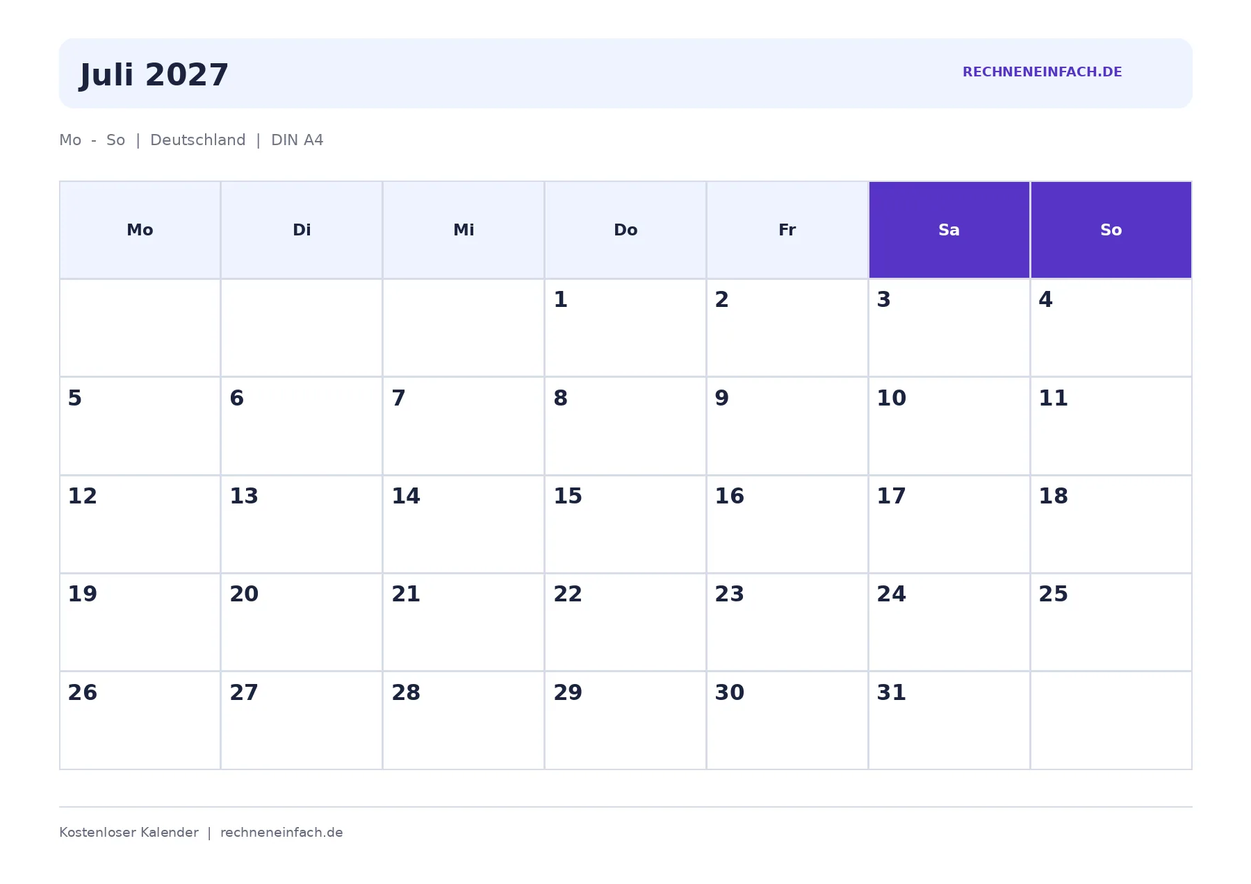 Kalender Juli 2027 Mit Feiertagen