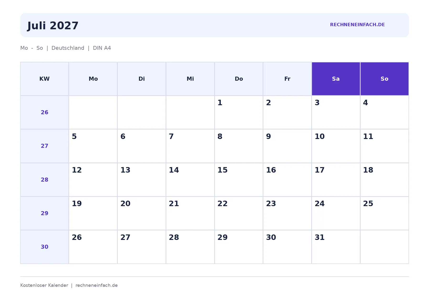 Kalender Juli 2027 Mit Kalenderwochen