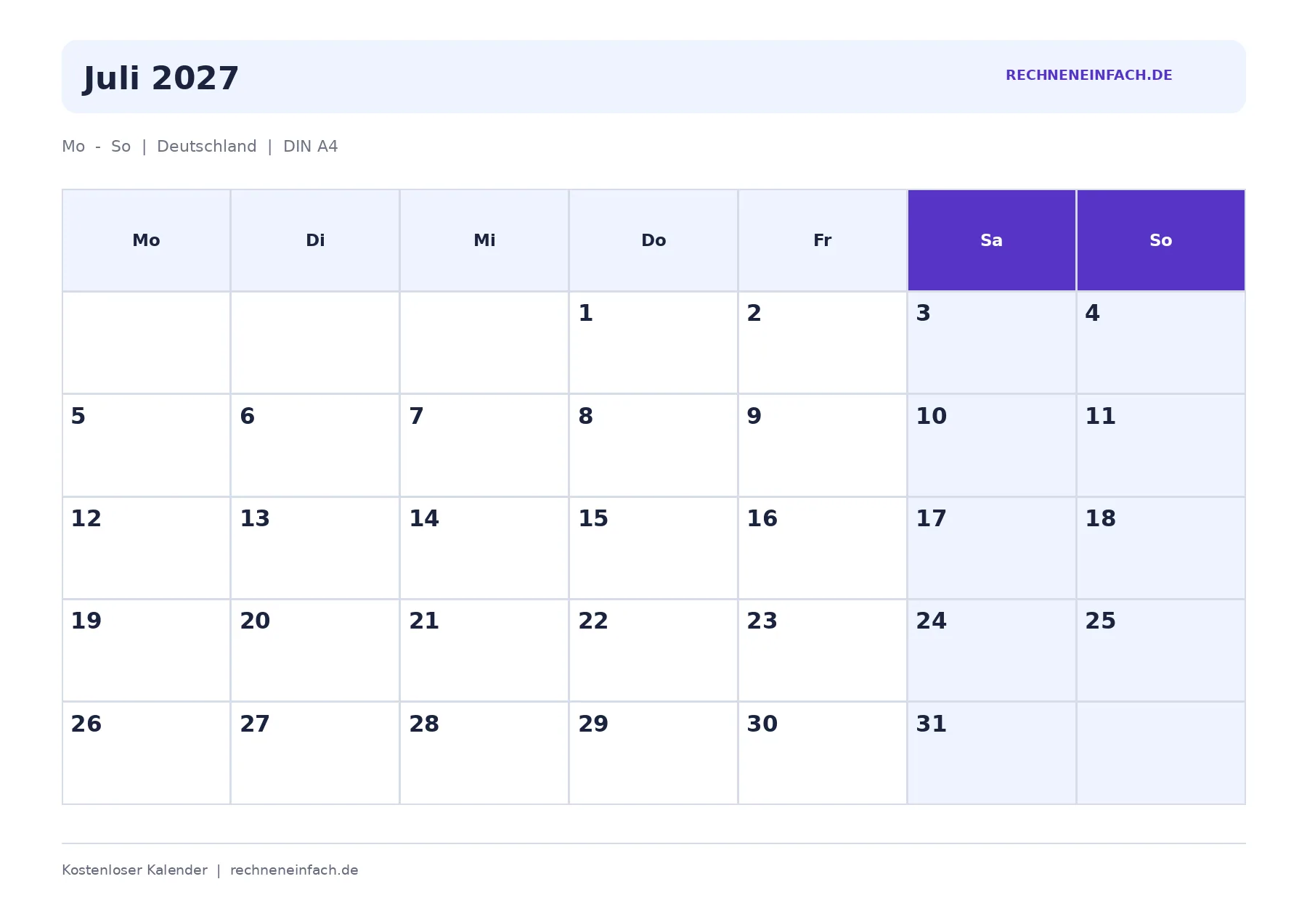 Kalender Juli 2027 Wochenenden markiert