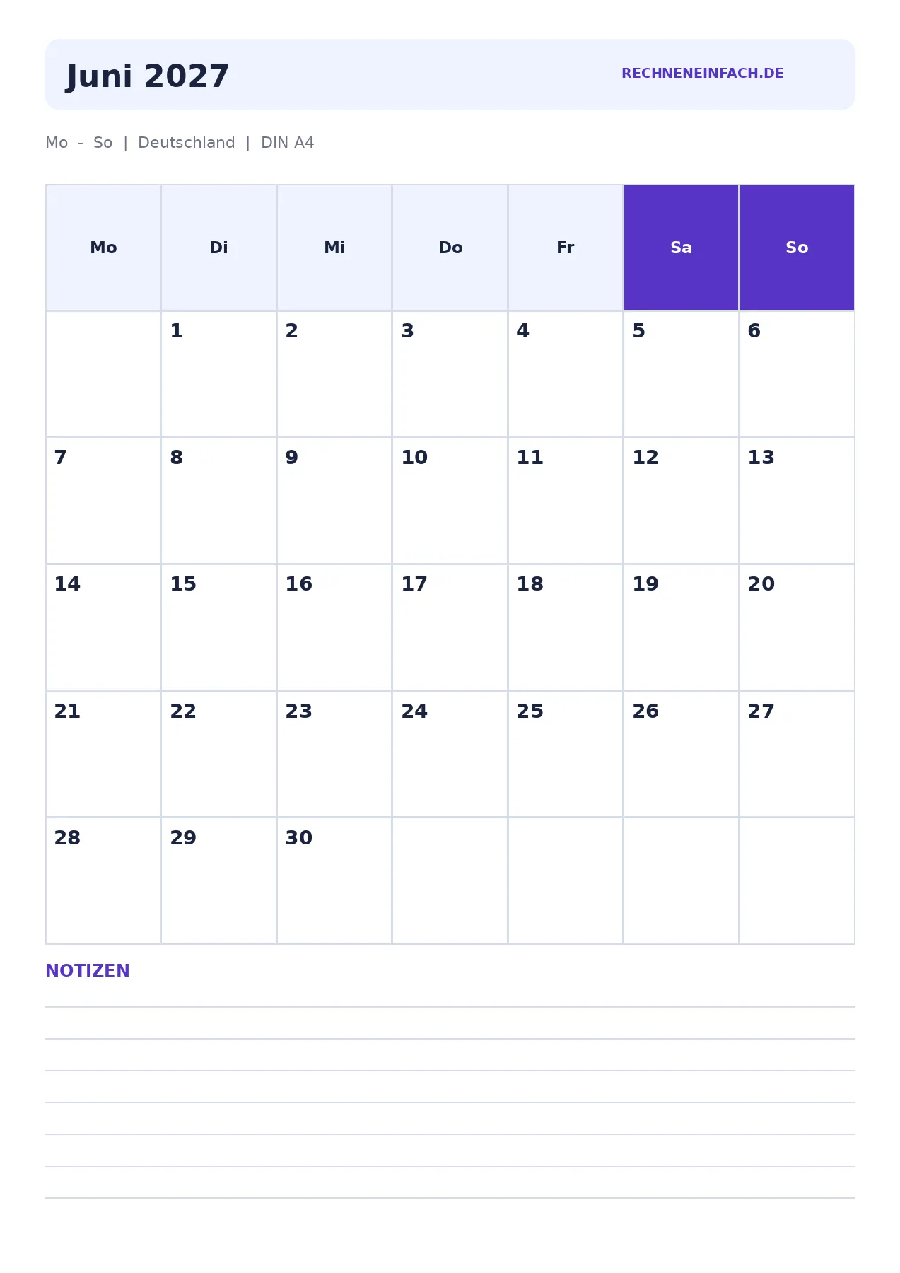 Kalender Juni 2027 Hochformat mit Notizen