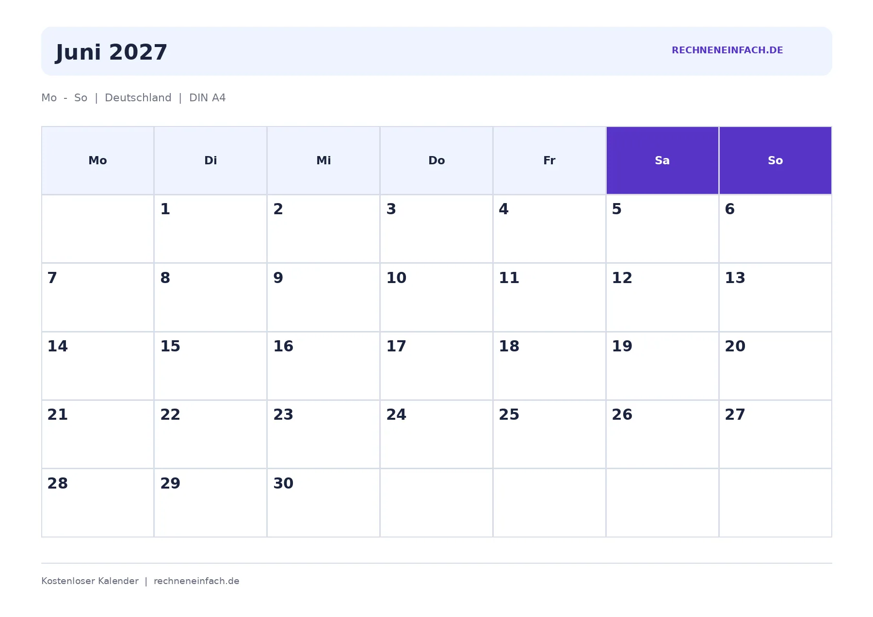 Kalender Juni 2027 Mit Feiertagen