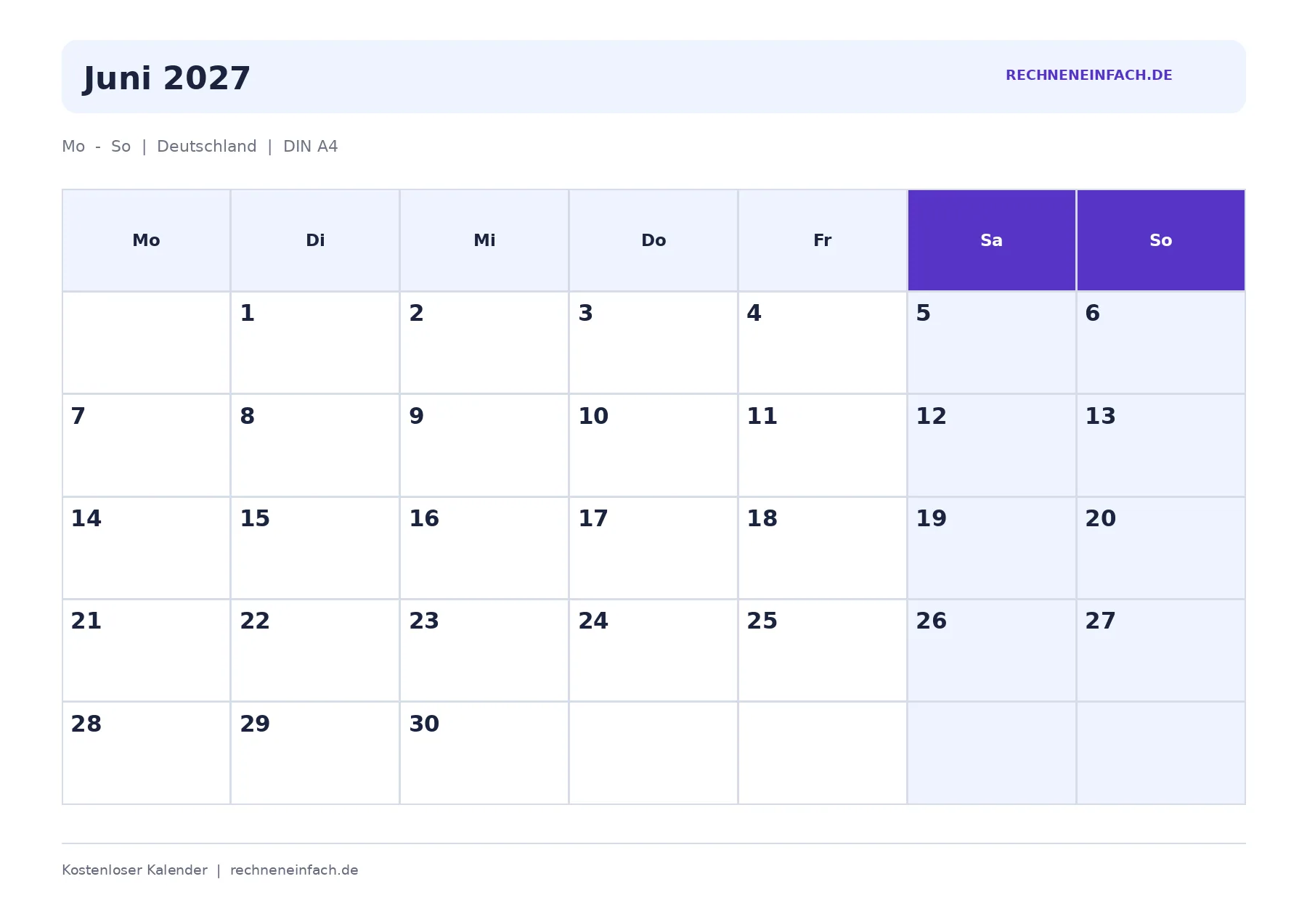 Kalender Juni 2027 Wochenenden markiert