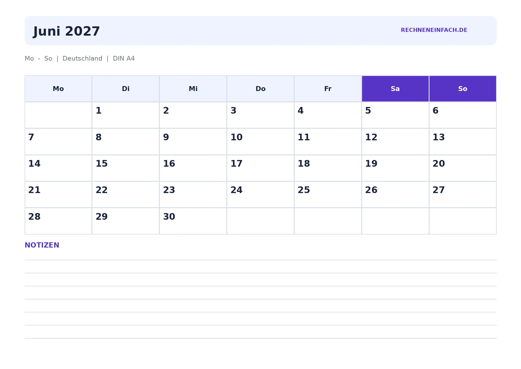 Kalender Juni 2027 Querformat mit Notizen