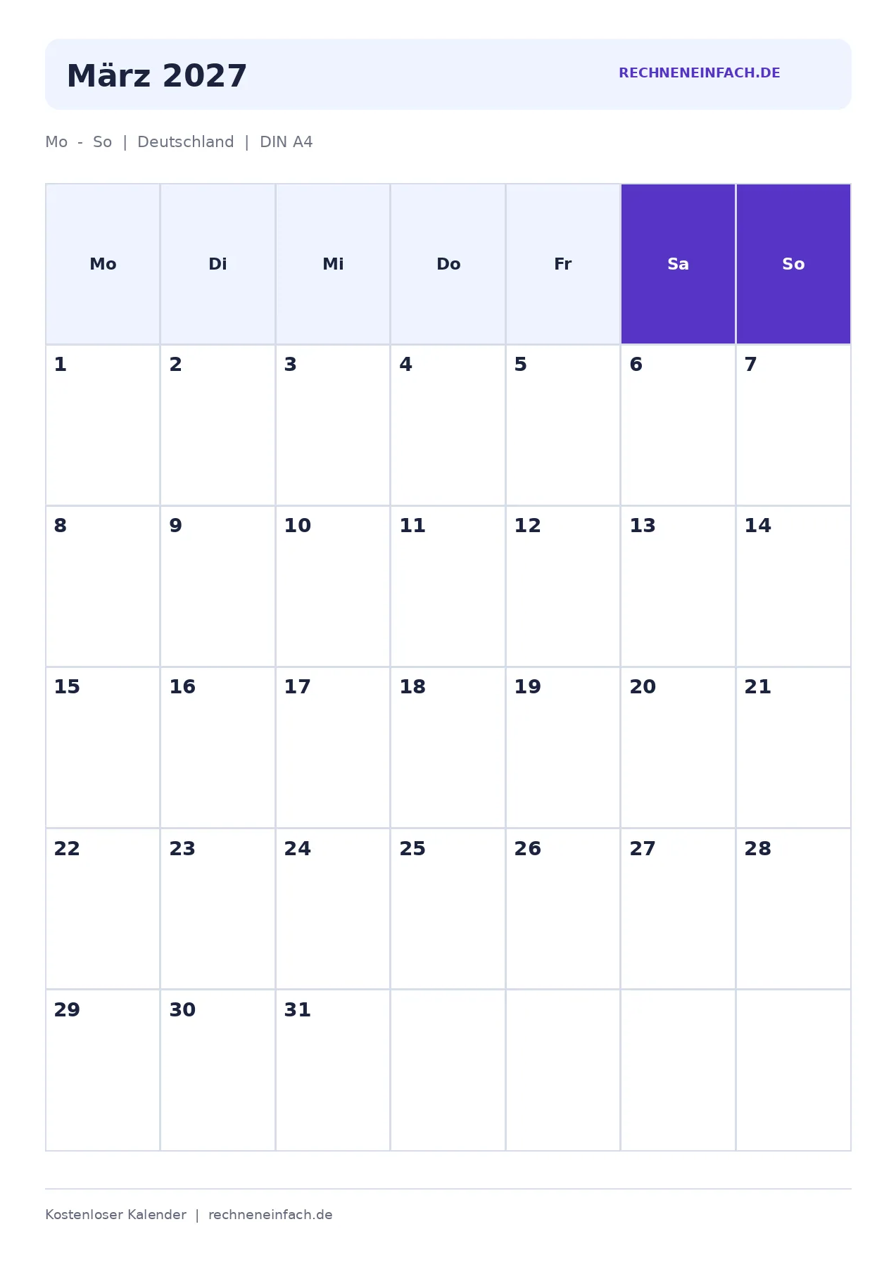 Kalender März 2027 Hochformat