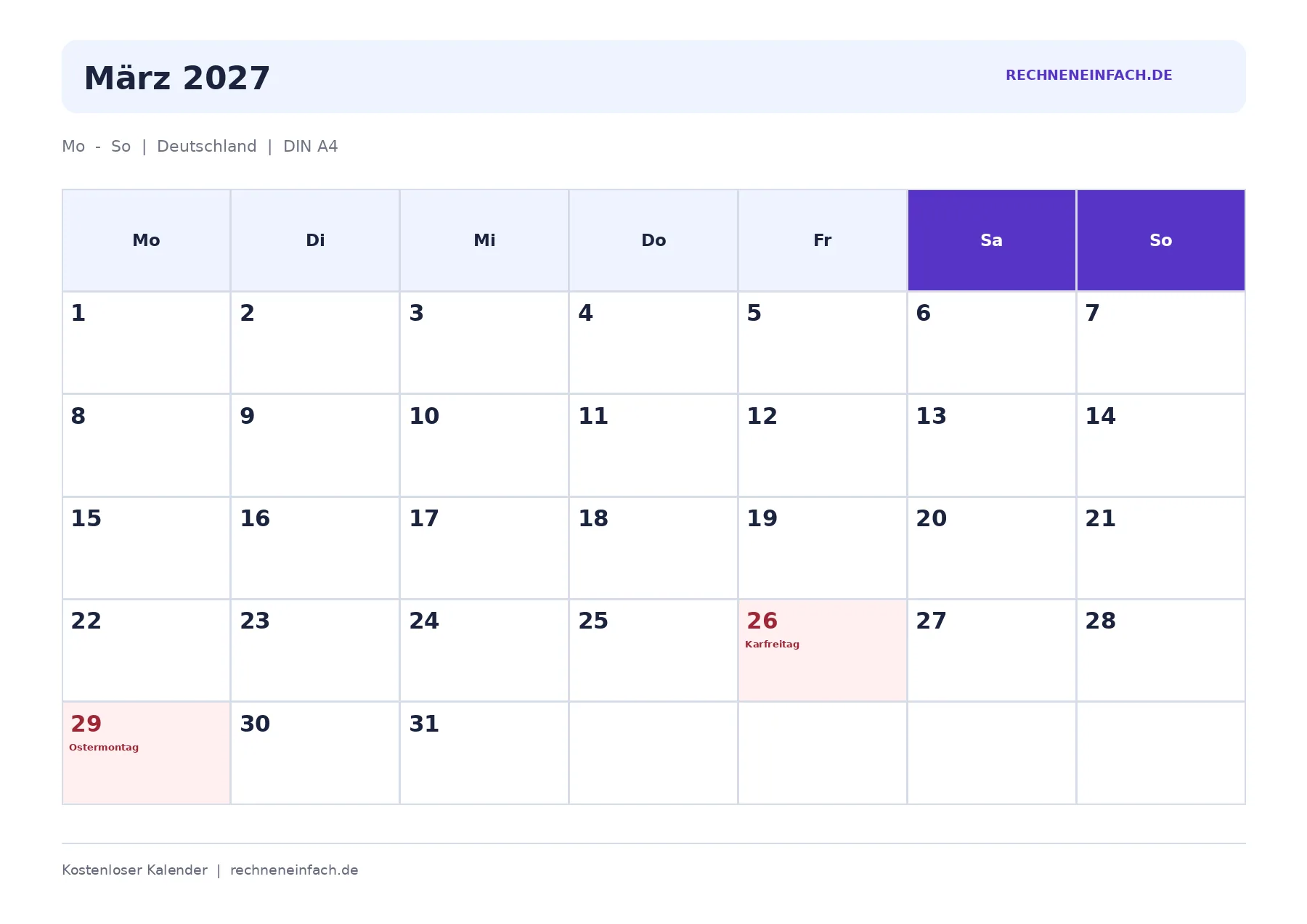 Kalender März 2027 Mit Feiertagen