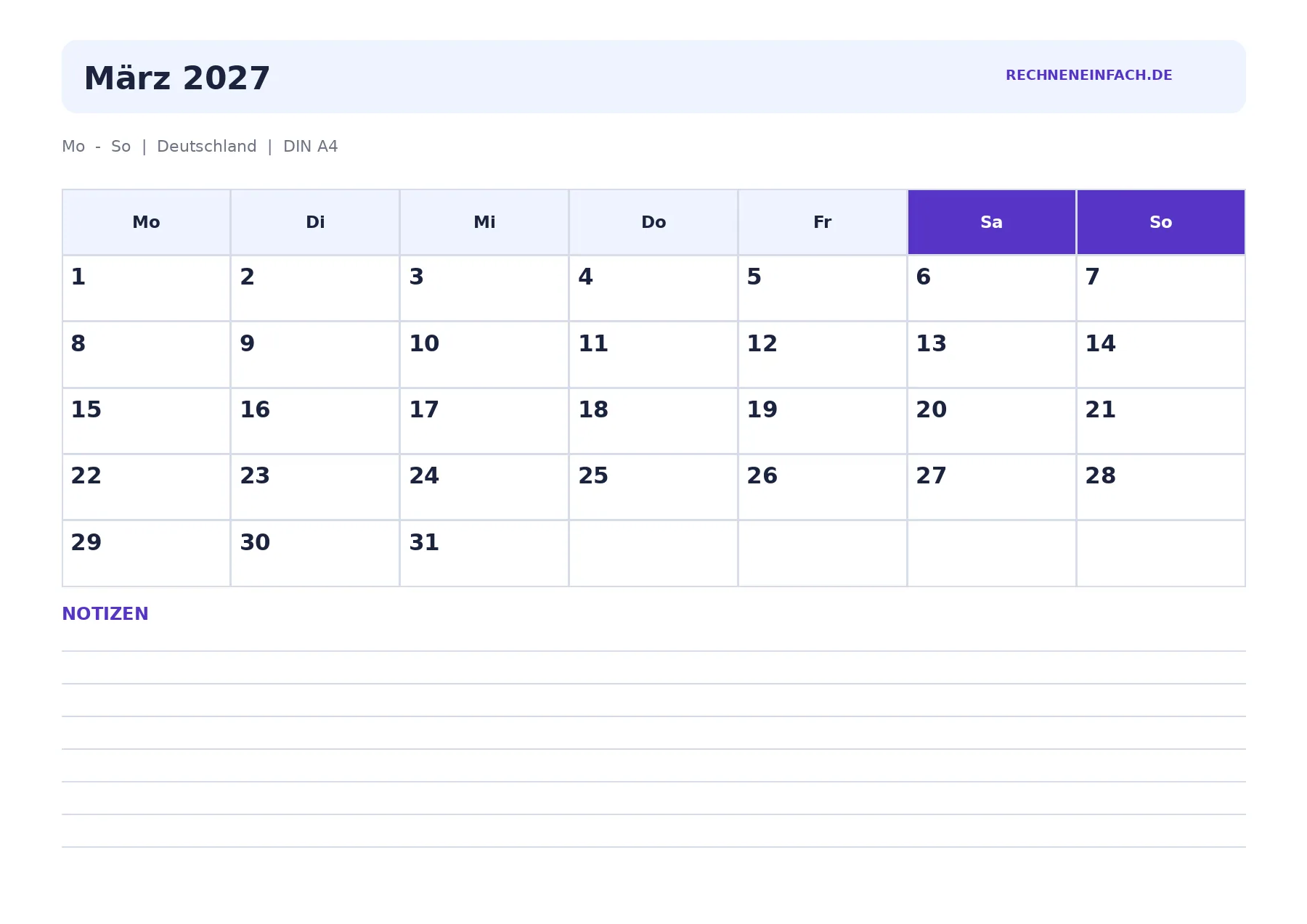 Kalender März 2027 Querformat mit Notizen
