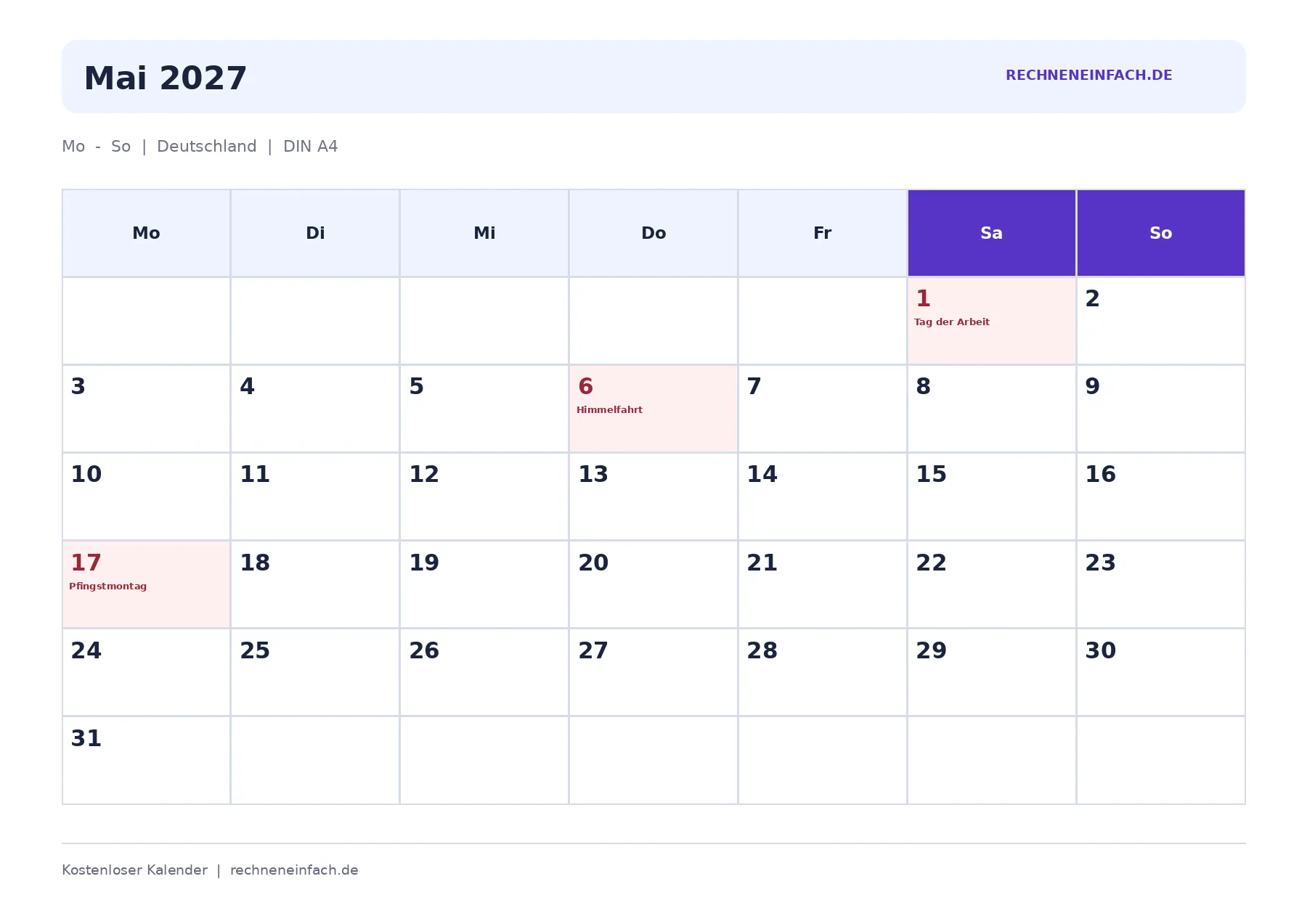 Kalender Mai 2027 Mit Feiertagen