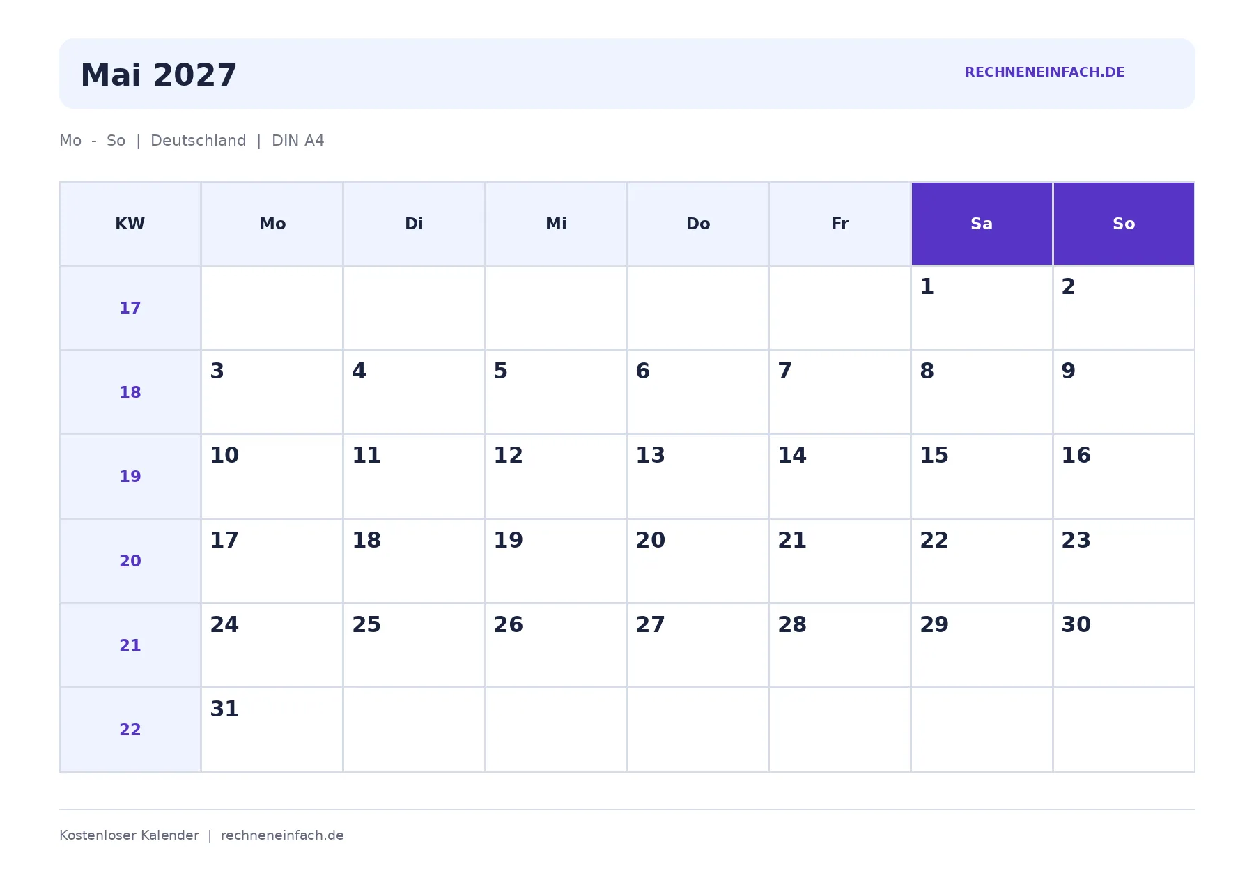 Kalender Mai 2027 Mit Kalenderwochen