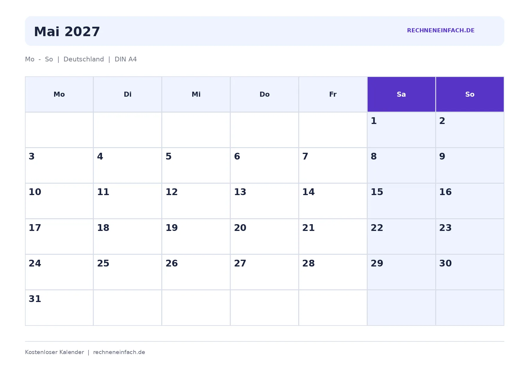 Kalender Mai 2027 Wochenenden markiert