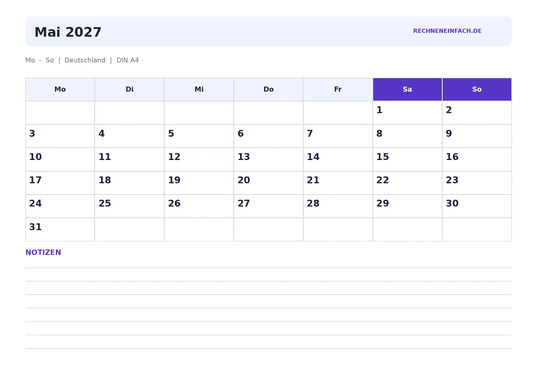 Kalender Mai 2027 Querformat mit Notizen