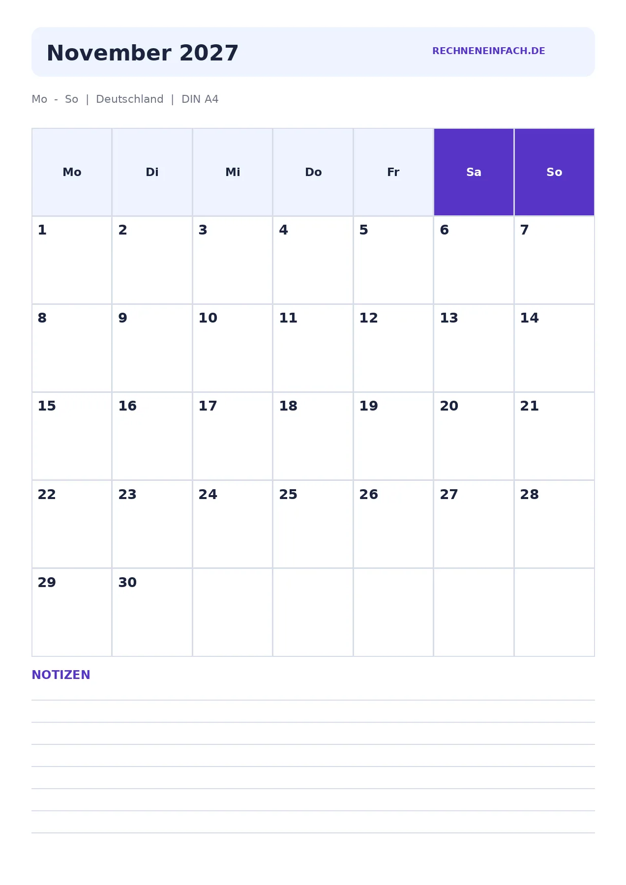 Kalender November 2027 Hochformat mit Notizen