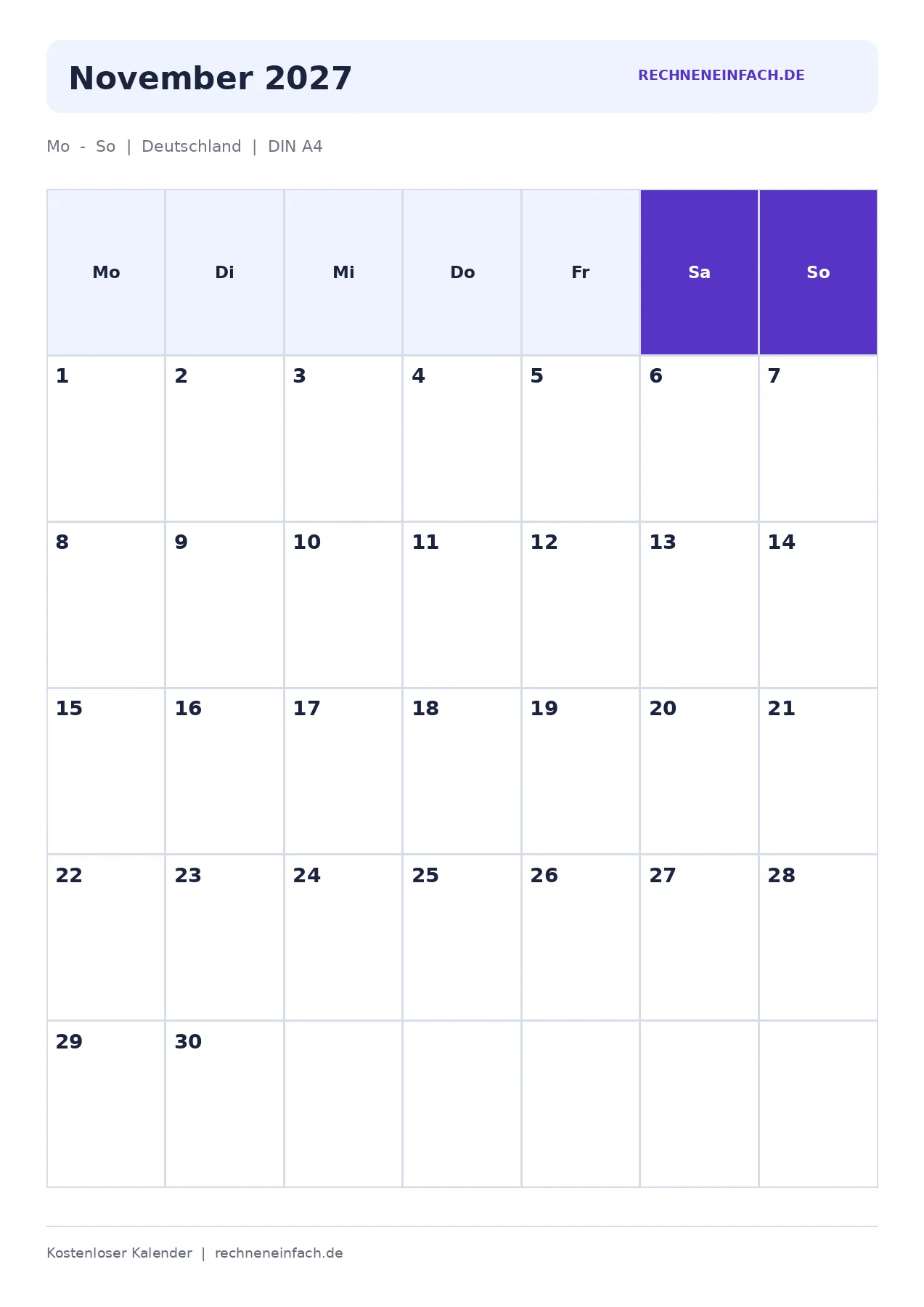 Kalender November 2027 Hochformat
