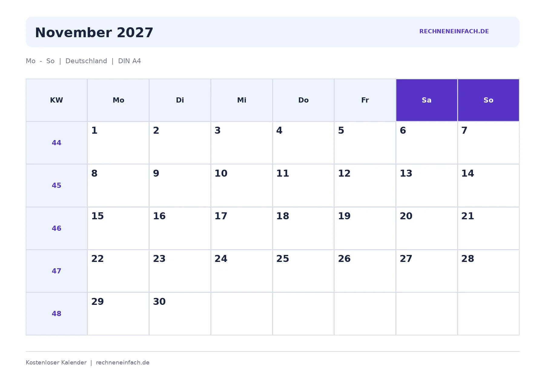 Kalender November 2027 Mit Kalenderwochen