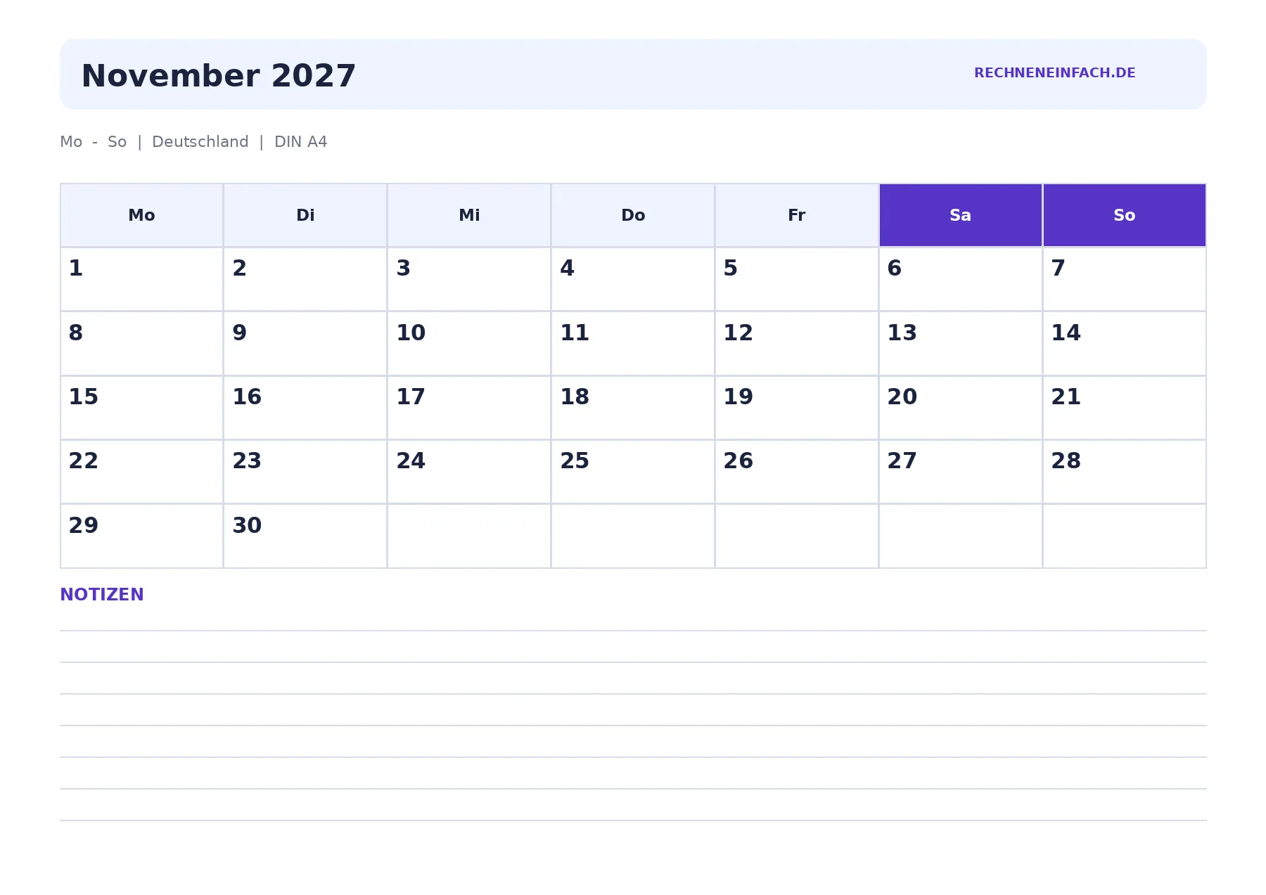 Kalender November 2027 Querformat mit Notizen