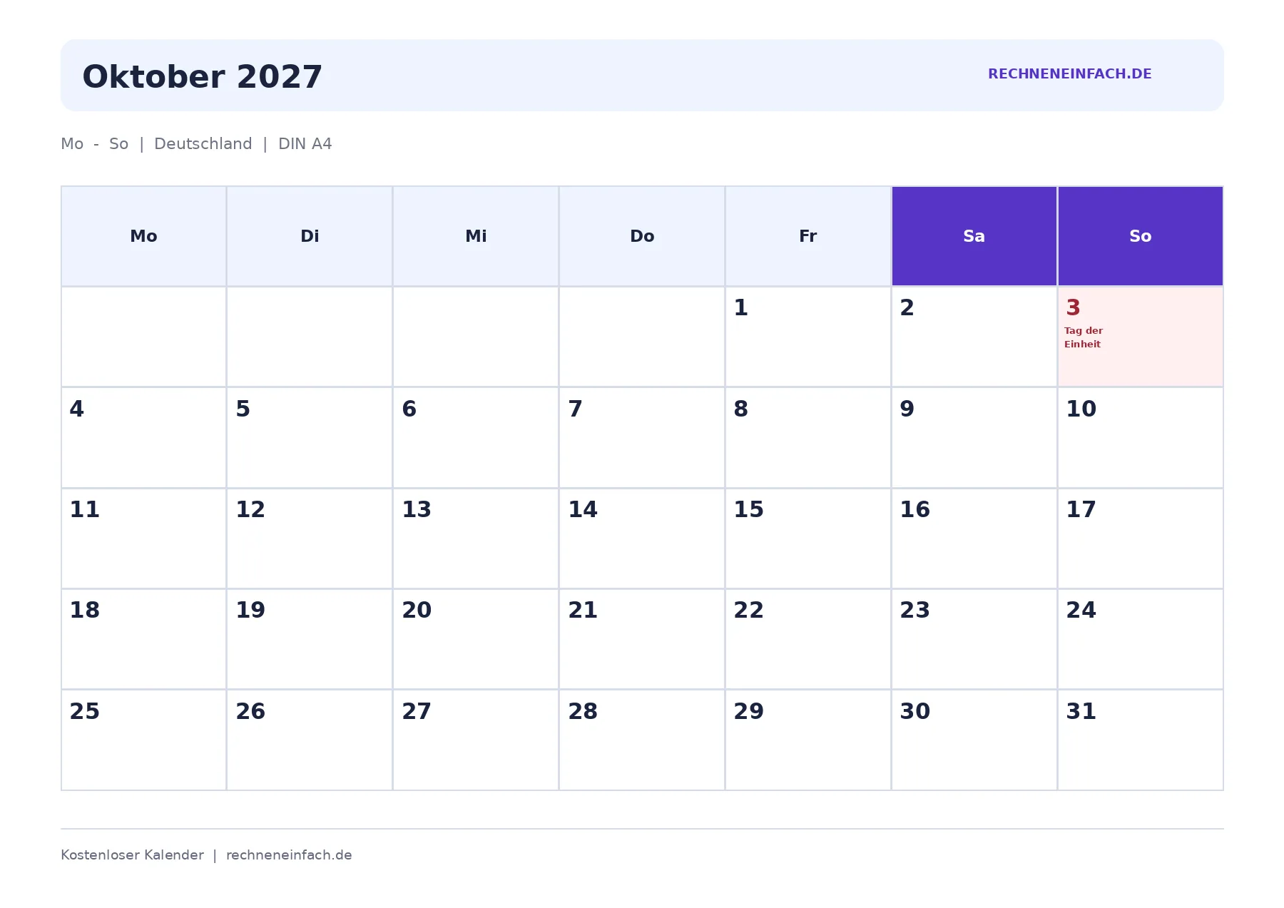 Kalender Oktober 2027 Mit Feiertagen