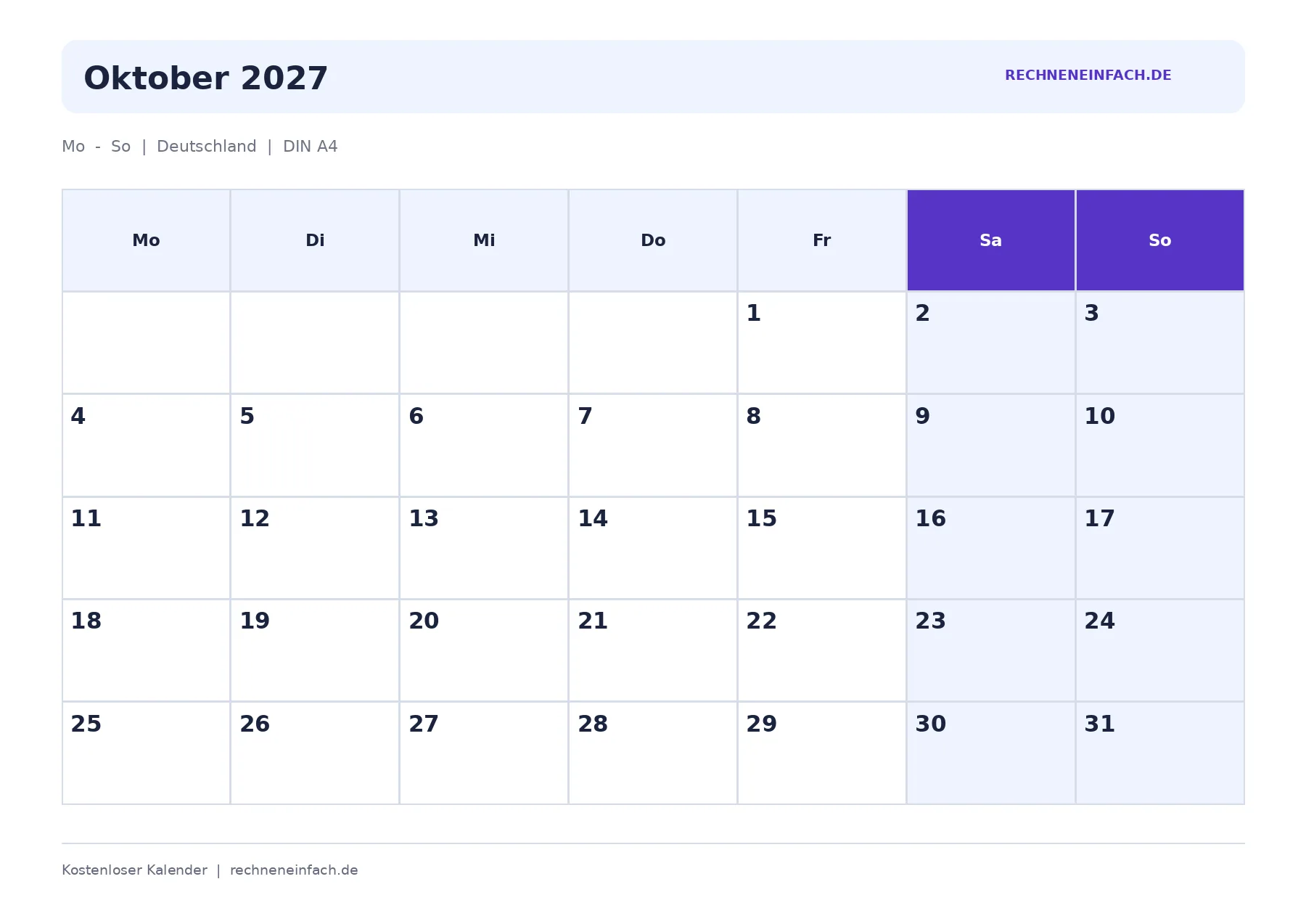 Kalender Oktober 2027 Wochenenden markiert