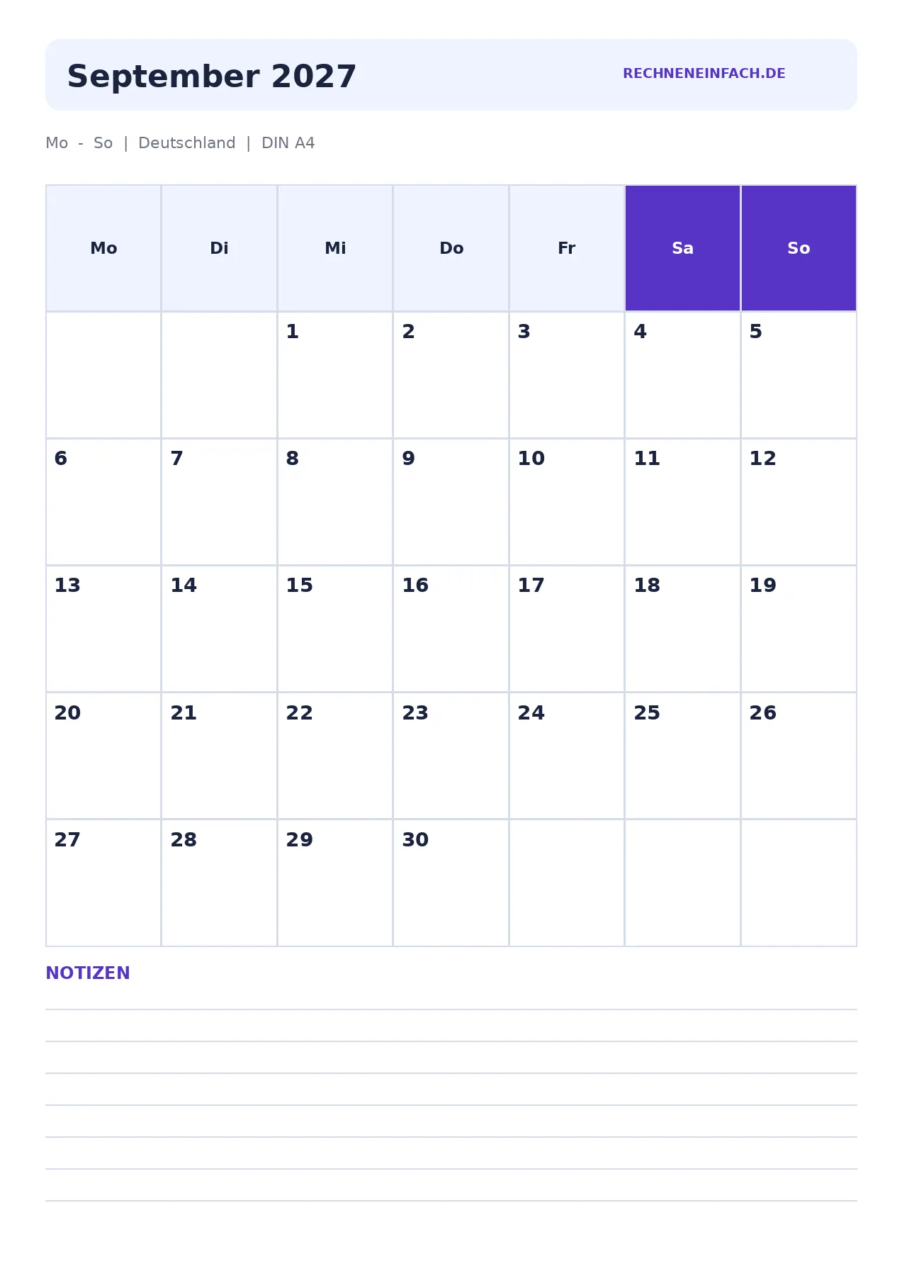 Kalender September 2027 Hochformat mit Notizen