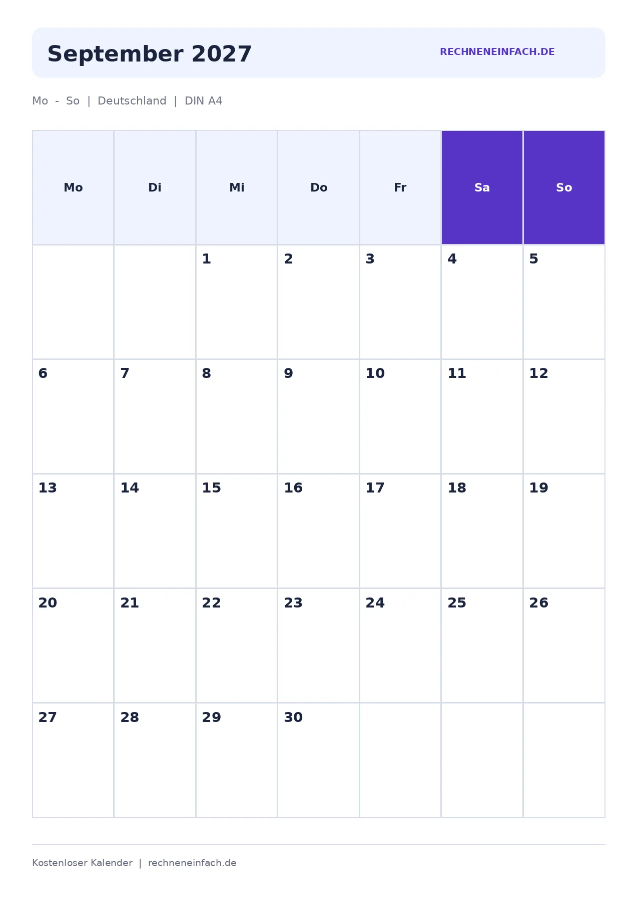 Kalender September 2027 Hochformat
