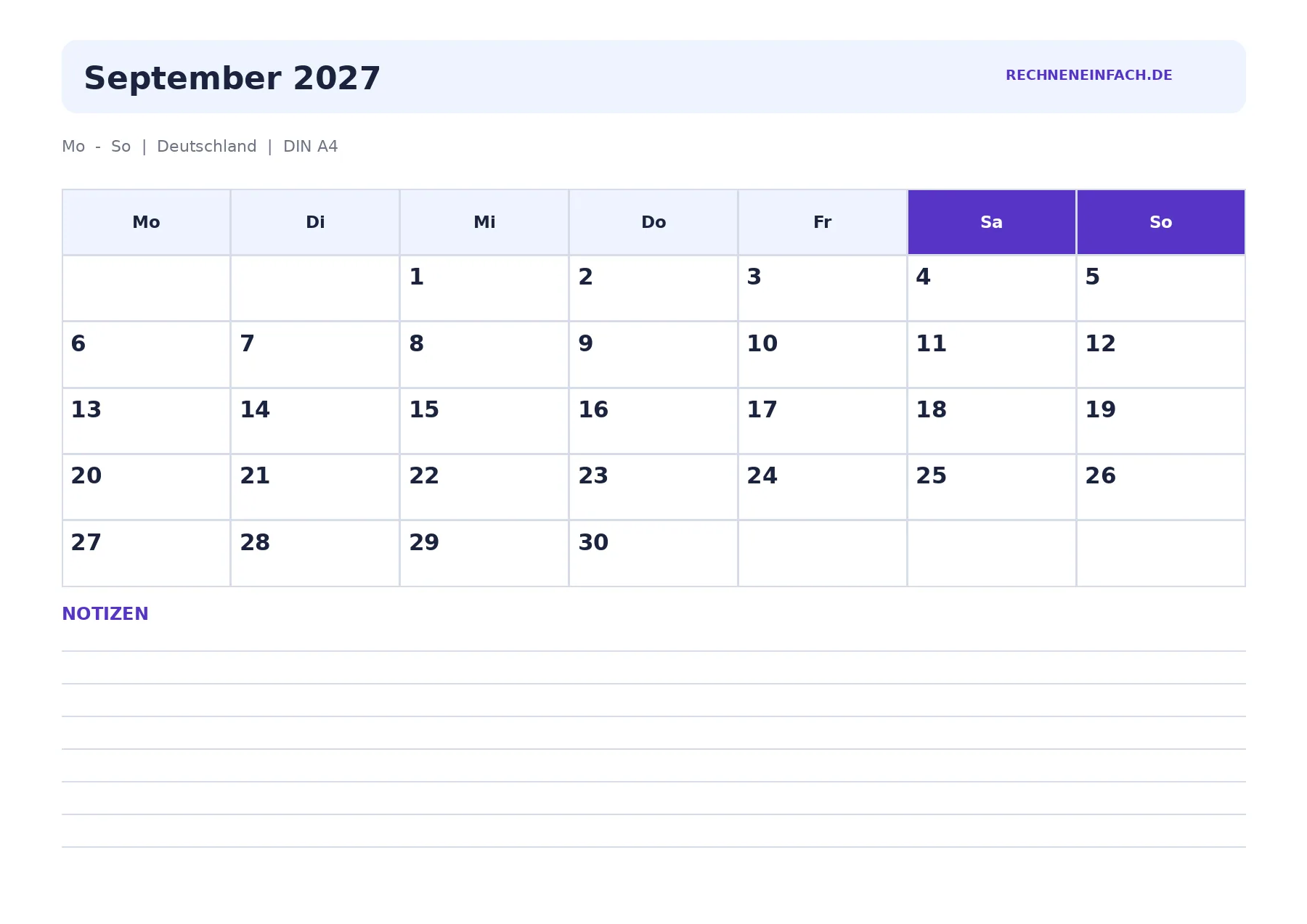 Kalender September 2027 Querformat mit Notizen